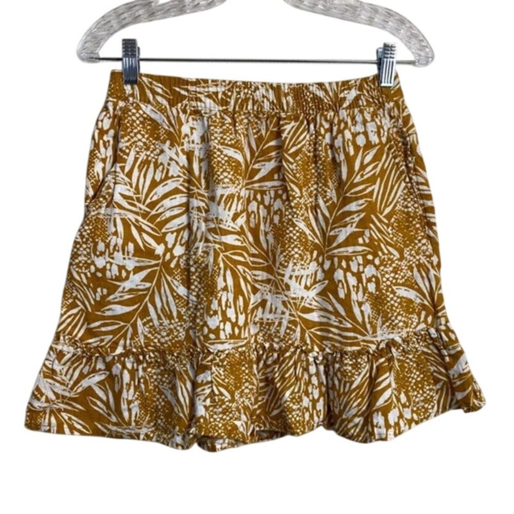 Christian Siriano Linen Womens Skirt size L Boho vacation Floral cream mustard